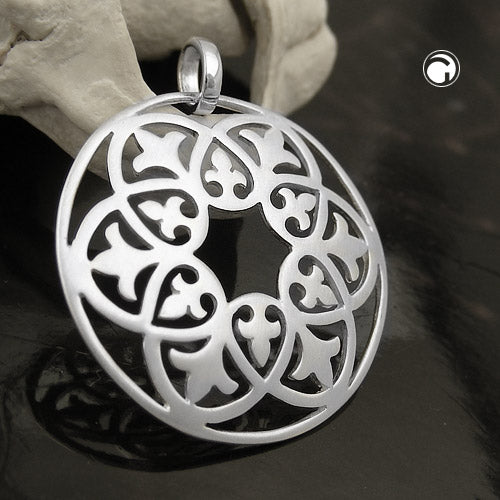 Pendant 28mm round matte filigree pattern silver 925