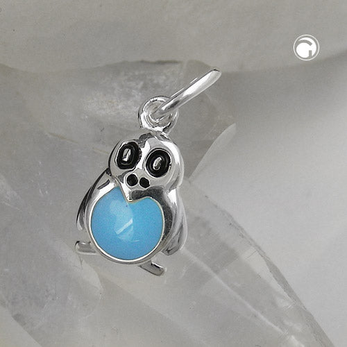 Pendant 9x7mm penguin blue black lacquered silver 925