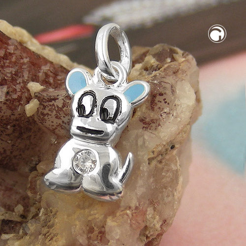Pendant 12x8mm small dog light blue colored lacquered with zirconia silver 925