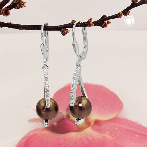 Ear leverback earrings earrings 35x8mm glass bead brown zirconia silver 925