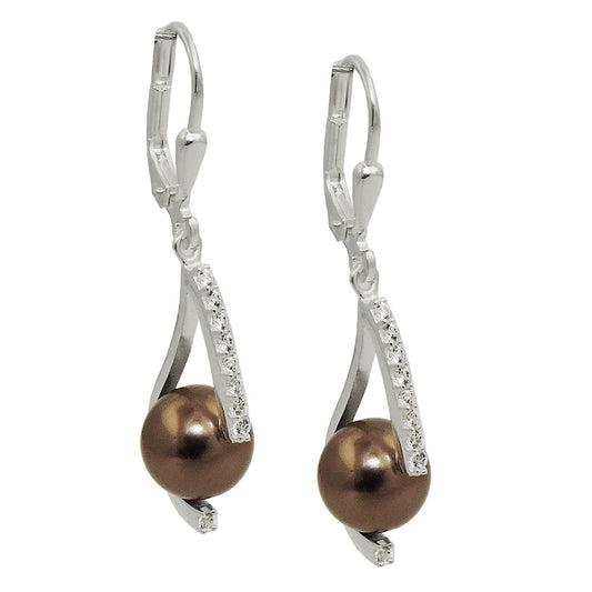 Ear leverback earrings earrings 35x8mm glass bead brown zirconia silver 925