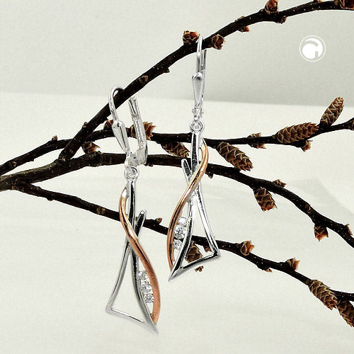 Ear clip earrings 40x9mm triangle with zirconias bicolor rose gold plated silver 925