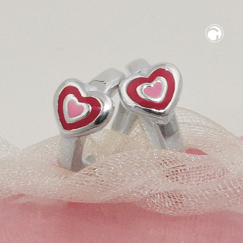 Hoop earrings 12x2mm with hinged heart, two-tone pink lacquered, silver 925