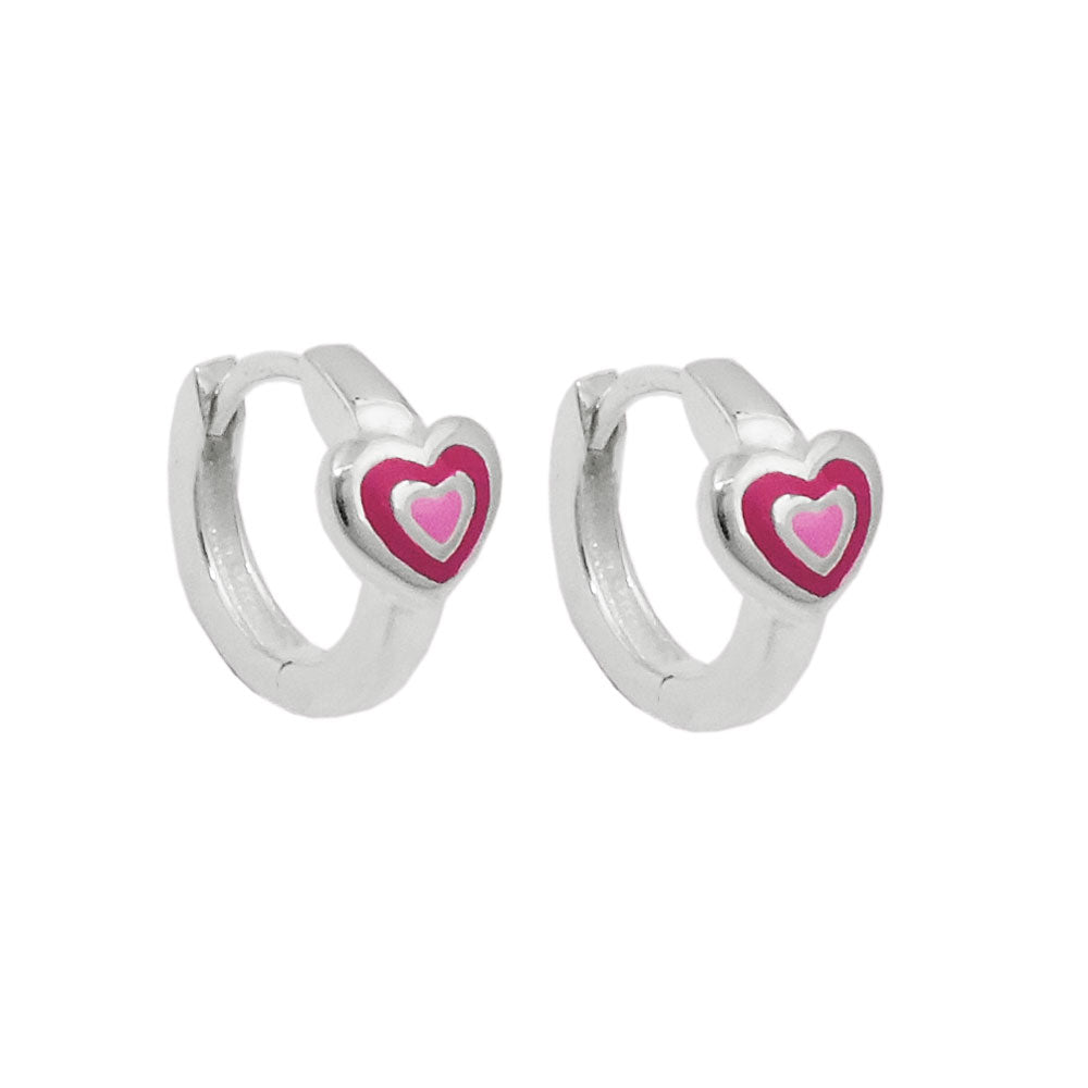 Hoop earrings 12x2mm with hinged heart, two-tone pink lacquered, silver 925