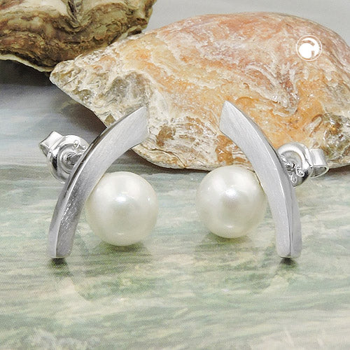 Ear stud earring 17x9mm bow with glass imitation pearl pearl white silver 925