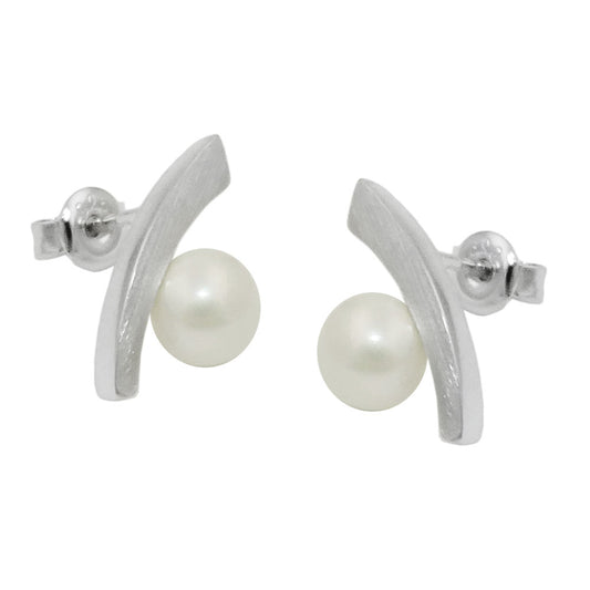 Ear stud earring 17x9mm bow with glass imitation pearl pearl white silver 925