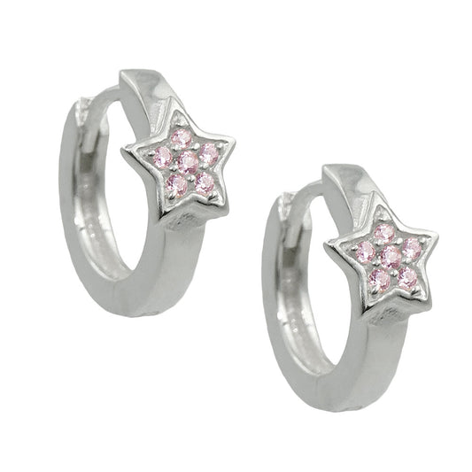 Creole 12x2mm folding hinge star with zirconias pink silver 925