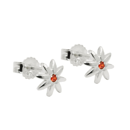 Stud earrings 6mm flower shiny with zirconia red-orange silver 925