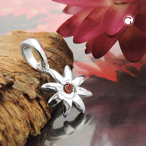 Flower pendant 8mm zirconia red-orange silver 925