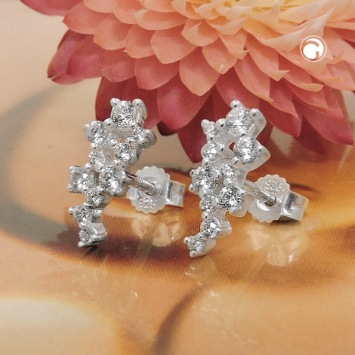 Stud earrings 13x6mm flower with zirconias silver 925