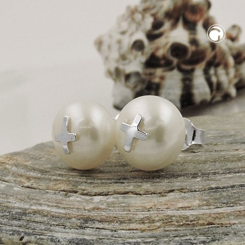 Stud earrings 9mm freshwater cultured pearl with silver cross silver 925