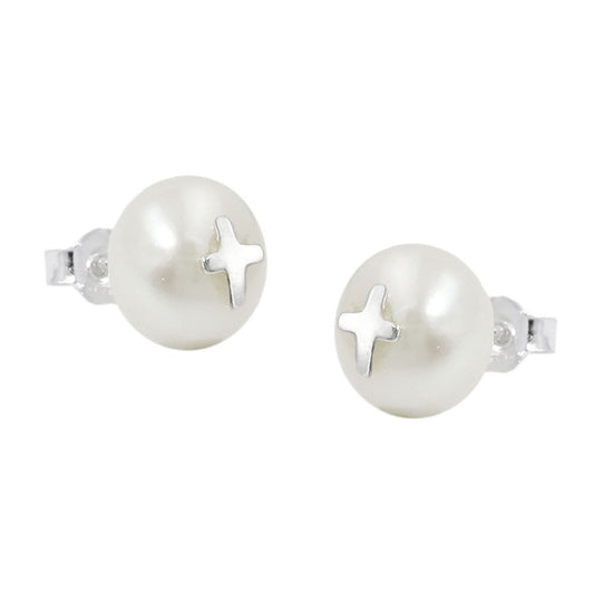 Stud earrings 9mm freshwater cultured pearl with silver cross silver 925