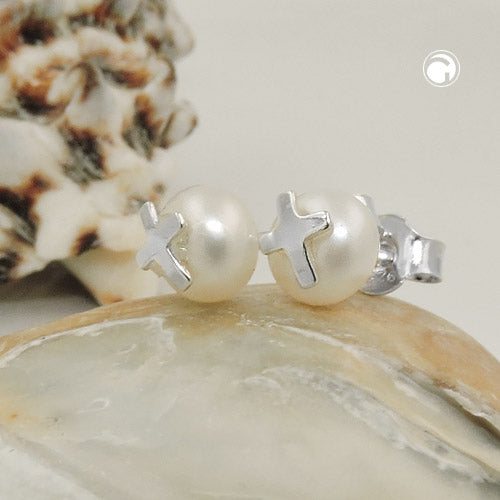 Stud earrings 6mm freshwater cultured pearl with silver cross silver 925