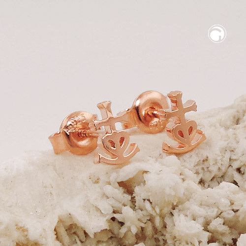 Stud earrings 7x5mm Faith-Love-Hope rose gold plated shiny silver 925