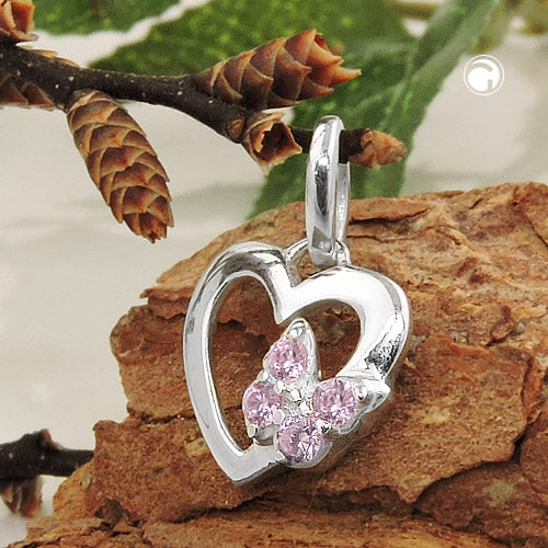 Pendant 10x9mm heart with butterfly zirconias pink silver 925