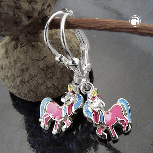 Ear stud earrings 26x8mm horse with a horn colored lacquered silver 925