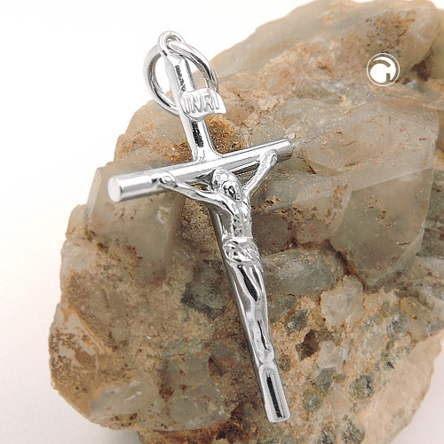 Pendant 32x18mm cross with Jesus shiny silver 925
