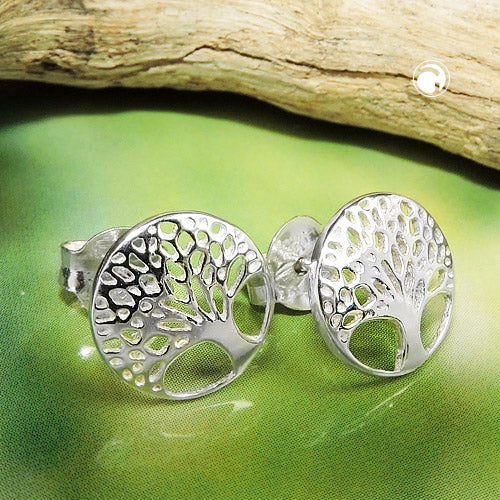 Stud earrings 10mm tree of life filigree shiny silver 925