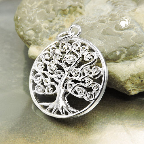 Pendant 23mm tree of life shiny leaves ornate silver 925