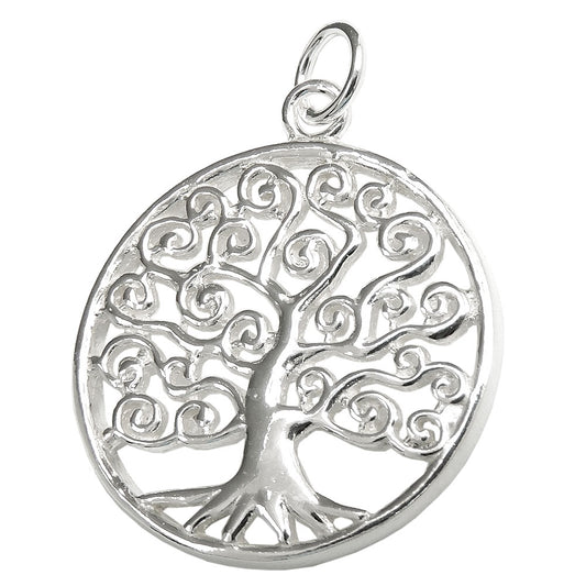 Pendant 23mm tree of life shiny leaves ornate silver 925