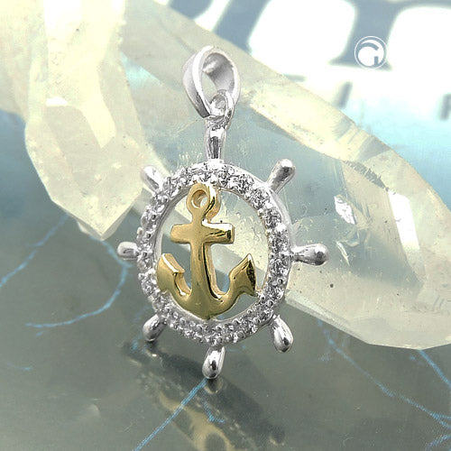 Pendant 16mm steering wheel with anchor bicolor with zirconias silver 925