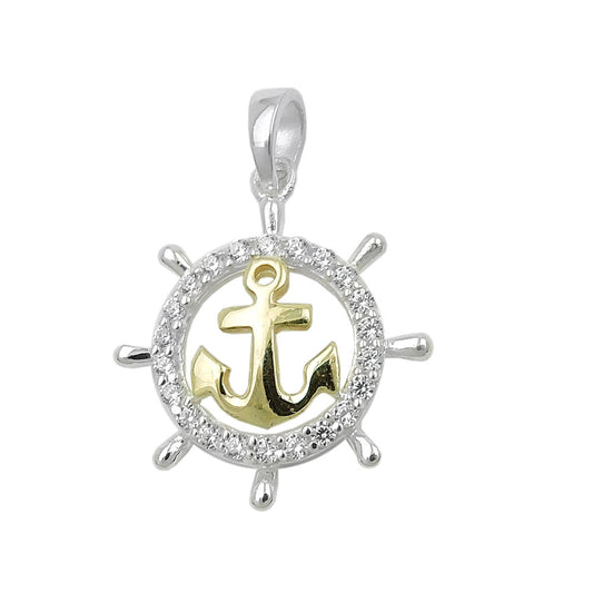Pendant 16mm steering wheel with anchor bicolor with zirconias silver 925