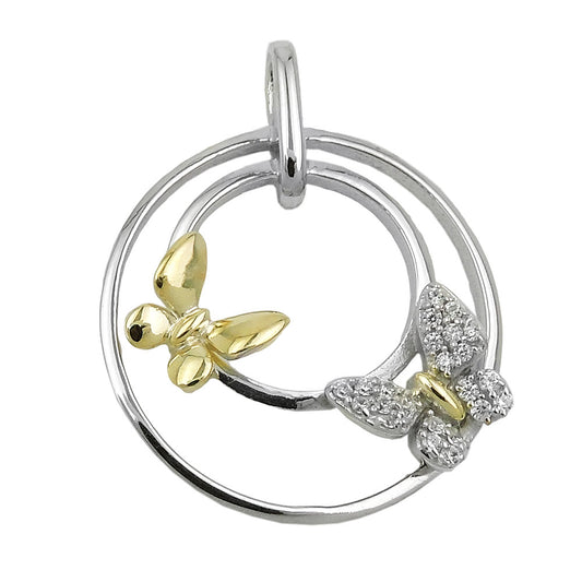 Pendant 24mm with 2 butterflies bicolor and with zirconias silver 925