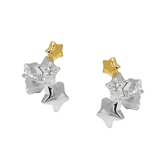 Stud earrings 11x5mm star trio with zirconia bicolor silver 925