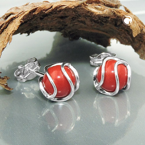 Stud earrings 7mm reworked coral red matte wrapped silver 925