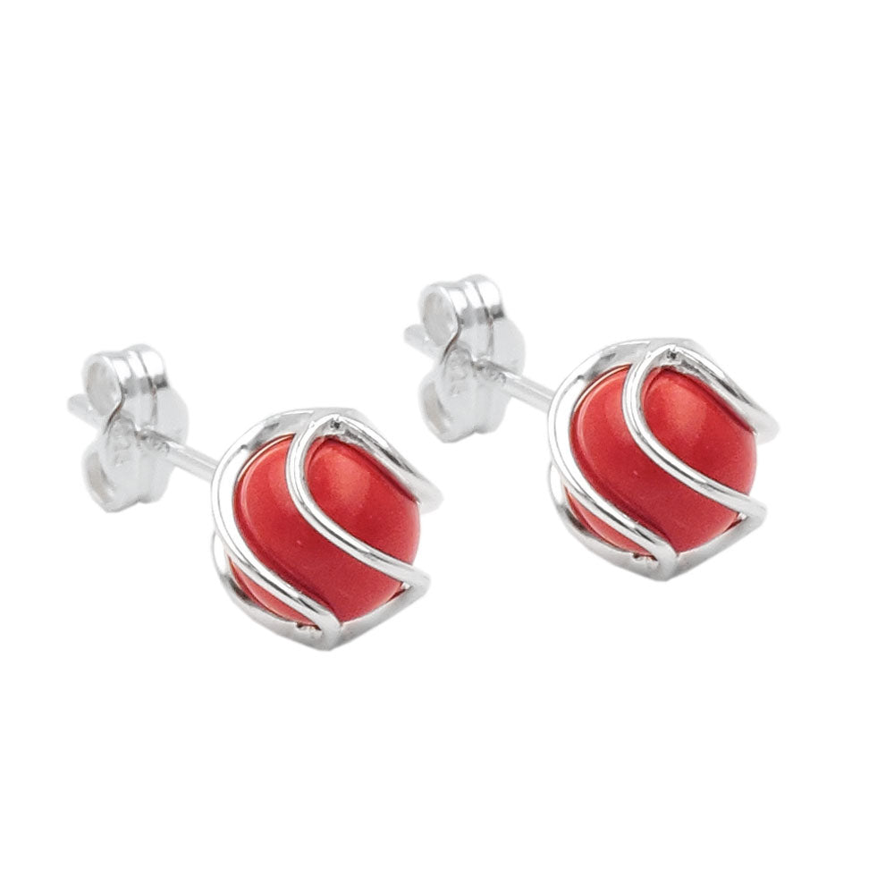 Stud earrings 7mm reworked coral red matte wrapped silver 925