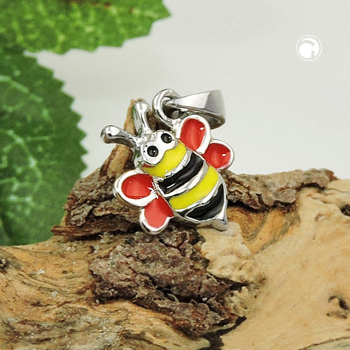 Pendant 10x10mm bee red-yellow-black enamelled silver 925