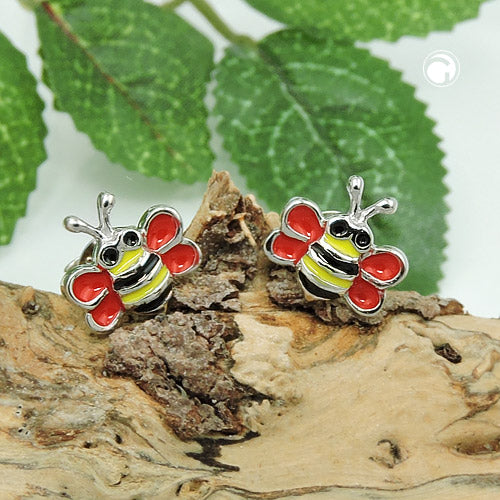 Stud earrings 8x8mm bees red-yellow-black-enameled silver 925