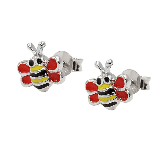 Stud earrings 8x8mm bees red-yellow-black-enameled silver 925