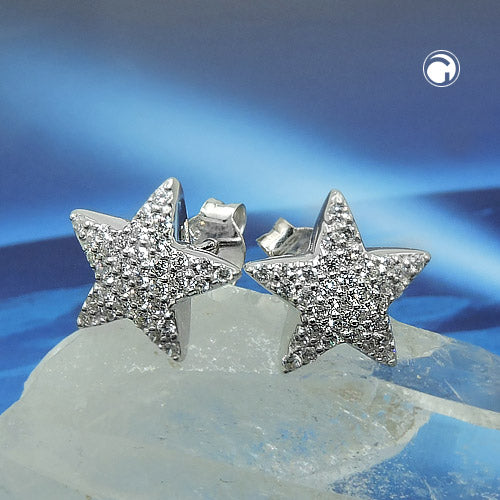 Stud earrings 10x10mm star zirconia white rhodium-plated silver 925