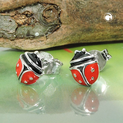Stud earring 7x6mm ladybug red-black enamelled silver 925