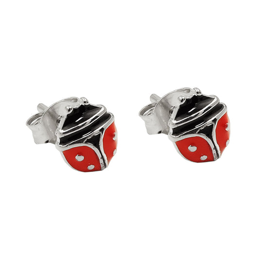 Stud earring 7x6mm ladybug red-black enamelled silver 925