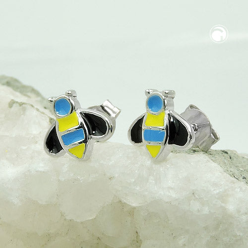 Stud earrings 8x8mm bees blue-yellow-black enamelled silver 925