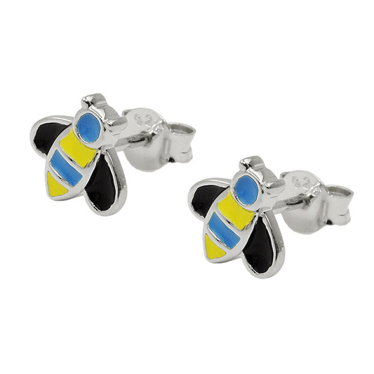 Stud earrings 8x8mm bees blue-yellow-black enamelled silver 925