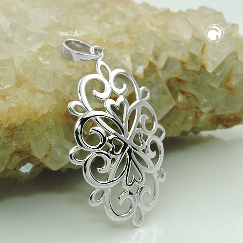 Pendant 27x19mm filigree flower shiny rhodium-plated silver 925