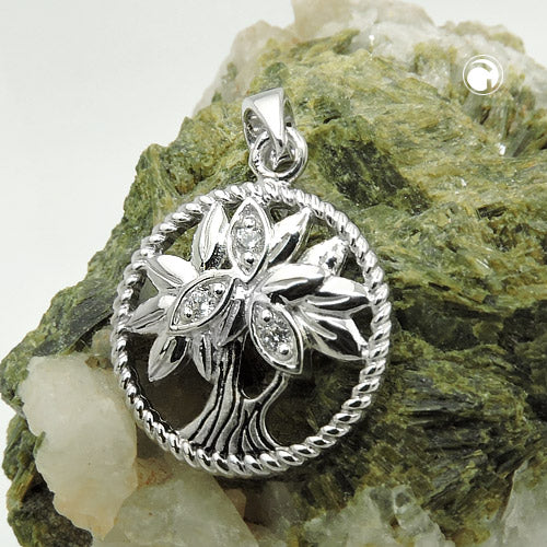 Pendant 15mm tree of life with zirconias shiny rhodium-plated blackened silver 925
