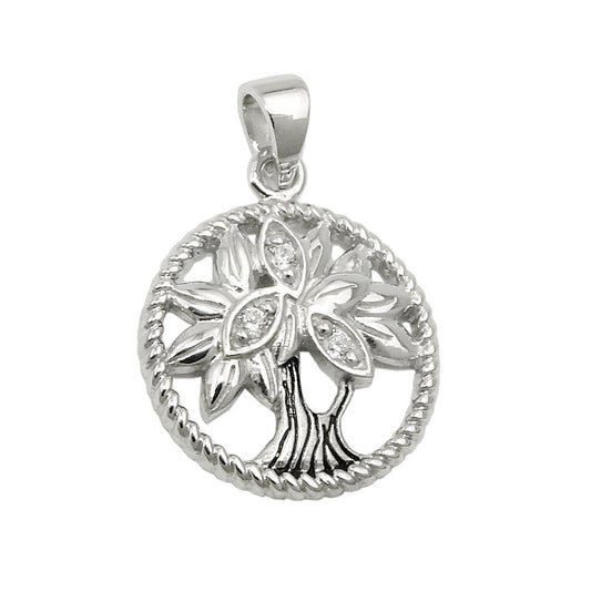 Pendant 15mm tree of life with zirconias shiny rhodium-plated blackened silver 925