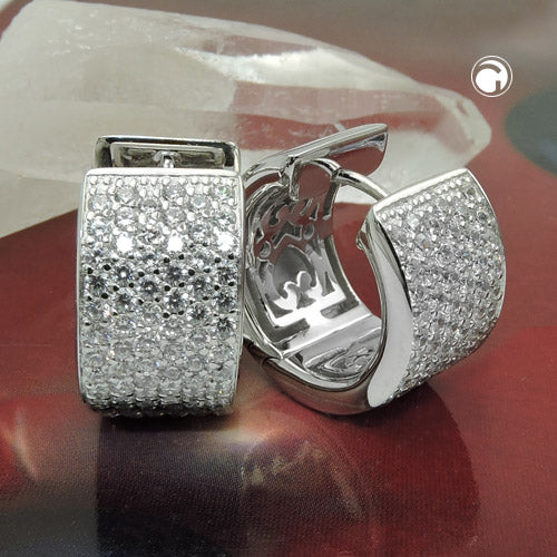 Hoop earrings 17x10mm with hinged closure and many zirconias, shiny rhodium-plated silver 925