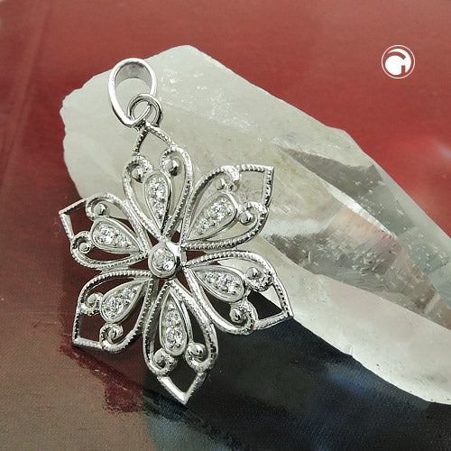 Pendant 24mm filigree flower with zirconias shiny rhodium-plated silver 925