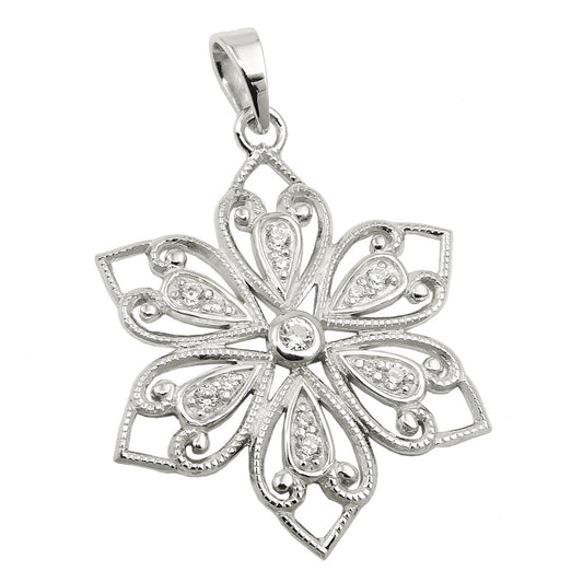 Pendant 24mm filigree flower with zirconias shiny rhodium-plated silver 925