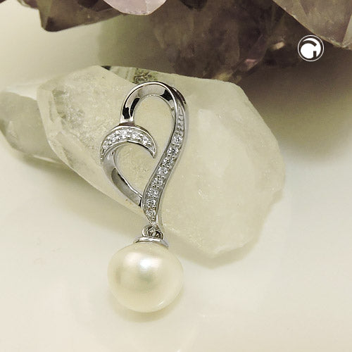 Pendant 27x11mm cultured pearl with zirconias shiny rhodium-plated silver 925