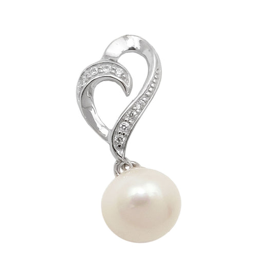 Pendant 27x11mm cultured pearl with zirconias shiny rhodium-plated silver 925