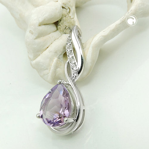 Pendant 27x10mm Amethyst with Zirconias shiny rhodium-plated silver 925