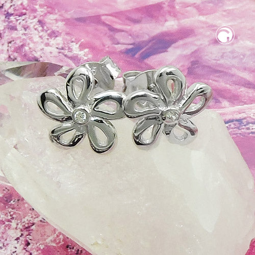 Stud earrings 9mm flower zirconia white shiny rhodium-plated silver 925
