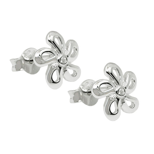 Stud earrings 9mm flower zirconia white shiny rhodium-plated silver 925