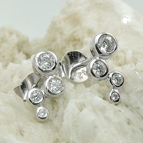 Stud earrings 9x3mm 4x zirconia white shiny rhodium-plated silver 925